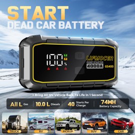 LIFMOCER GS400 Jump Starter - 4000A Car Battery Jump Starter for Up to 12.0L Gas and 10.0L Diesel Engines, 12V Portable Jump Box with Storage Case USB Quick Charge, and LCD Display