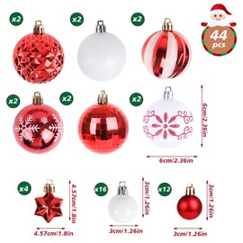 ZALAON 44 Pcs Christmas Ball Ornaments, 1.2/2.3 Inch Red White Christmas Baubles Christmas Tree Hanging Ball Set for Xmas Party Indoor Outdoor Decorations