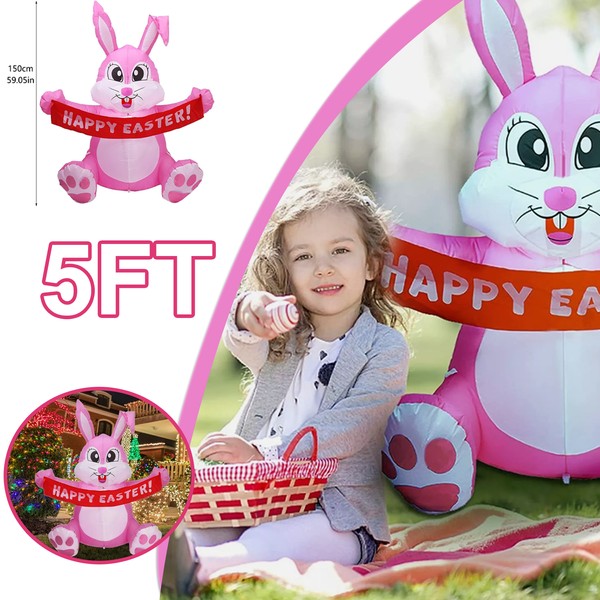 5 FT Easter Inflatables Bunny Outdoor Decor Blow Up Yard