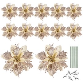 Toyvian Christmas Glitter Artificial Poinsettia Flower Pattern 12 Pieces Christmas Tree Flower Pattern Ornaments Xmas Party Decoration with 12 Pieces Stems and Clips (Light Gold)