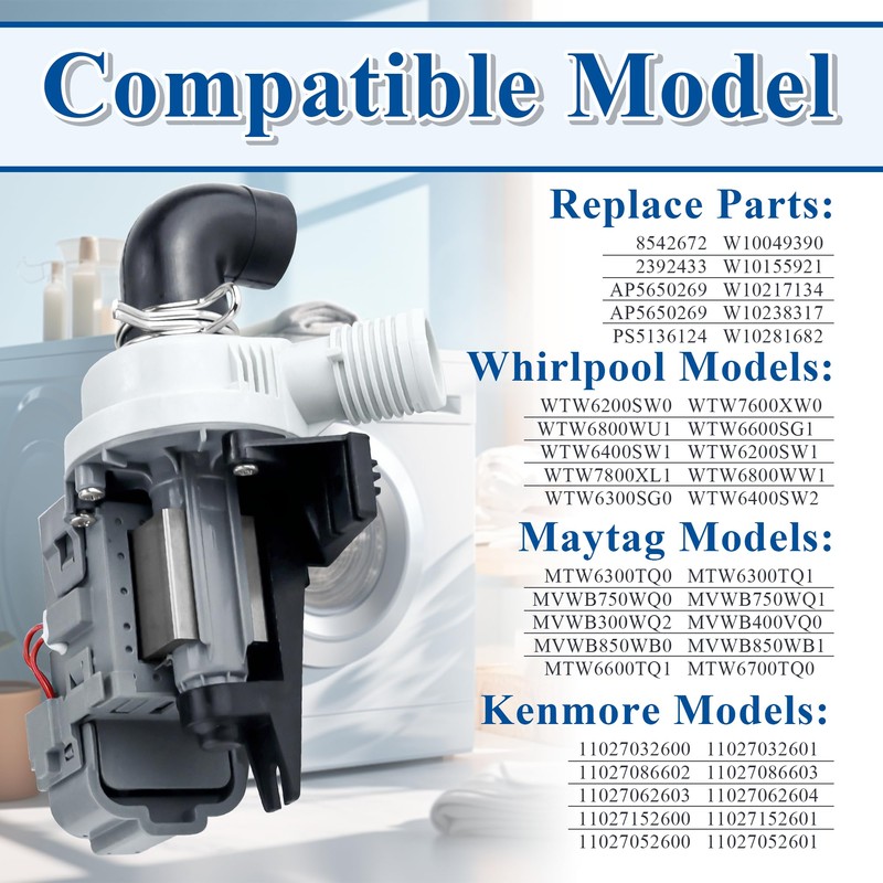 [2025 Upgraded]W10536347 Washer Drain Pump Assembly, Exact for Whirl.pool Cabrio,