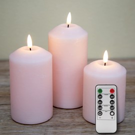 Girimax Blush Pink Flameless LED Pillar Candles with Remote, Flickering Real Wax Battery Candles Set of 3 Φ 3" H 4" 5" 6"