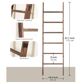 Blanket Ladder for The Living Room 6-Tier, Wooden Decorative Quilt Holder for Bed Room, Wall-Leaning Wood Towel Rack for Bathroom，Rustic Farmhouse Ladders for Display. (Washed Brown)