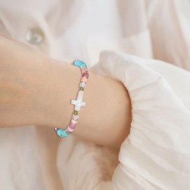 Bsoepnr First Holy Communion Baptism Gifts for Girls, Cross Beads Bracelet Christening Communion Confirmation Gifts for Girls Goddaughter Teens Christmas Birthday Appreciation (colorful 2)