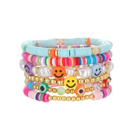 RINTOLER Friendship Bracelets for Women - Heishi Surfer Colorful Smile Evil Eye Clay Beaded Stretch Bracelets Elastic Layering - Stackable Boho Disc Y2K Aesthetic Summer Jewelry Set., adjustable,