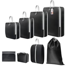 AMATHINGS Compression Bags Set of 8 in Black with up to 60% Space Saving, Waterproof Packing Cubes Packing Cubes Suitcase Organiser Clothes Bags for Travel Suitcase Backpack