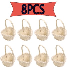 Flower Basket Wedding White, Pack of 8 Wedding Basket with Handle, Mini Flower Basket, Wedding Candy Rattan, Flower Girl Basket with Handle for Wedding, Table Decoration, Ceremony Party (White, S)