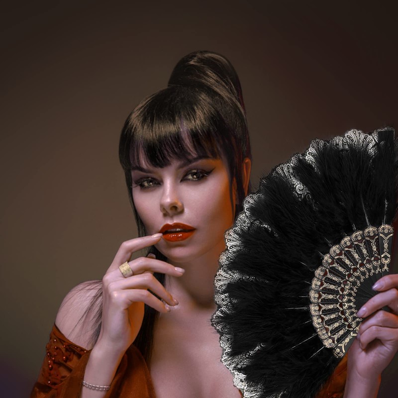 Mwoot Embroidered Flower Marabou Feather Fan, 1920s Vintage Style Folding