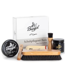 Burgol Basic Shoe Care Set with Shoe Pomade, Shoe Wax, Horsehair Brushes and Polishing Cloth: Colour: Black, black