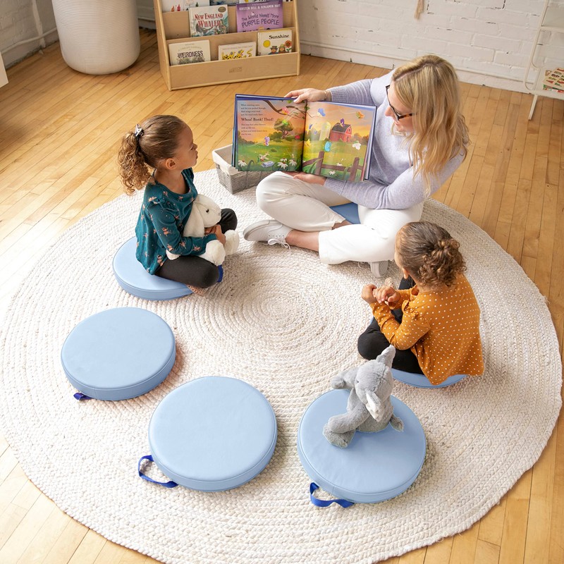 ECR4Kids SoftZone Floor Cushions, Round, Flexible Seating, Powder Blue, 6-Piece