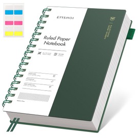 EMSHOI A5 Notebook College Ruled, Spiral Notepad 150 Sheets/300 Pages, 100gsm, PVC Cover, Sticky Notes, Pocket, Pen Loop, Ruler, Bookmark, Lined Journal for Women Men Writing, 14.5 x 21cm, Green