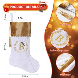 Yehnois 19.5 Inches Initial Monogram Christmas Stocking,Gold & White Velvet Embroidered Gold Letter Stocking with Tassel Decoration,Xmas Fireplace Holiday Party Decor(White Letter S)