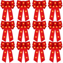 Crowye 12 Pcs Red LED Christmas Bows Lighted Xmas Bows Decoration Red Velvet Wreath Bows LED Light Bows Christmas Tree Topper for Indoor Outdoor Christmas Winter Decoration (5 x 8 Inches)