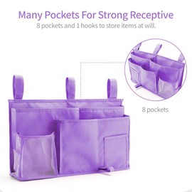 Caddy Hanging Organizer Bedside Storage Bag, 600D Oxford Cloth with Hook&Loop for Bunk and Hospital Beds,Dorm Rooms Bed Rails(8 Pockets) (Purple)