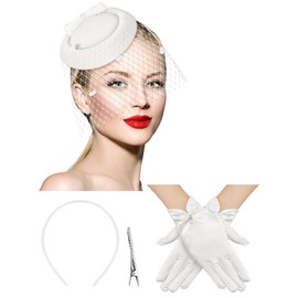 Geyoga 50s Fascinator Hat for Women Funeral Veil Hat Pillbox Cocktail Tea Party Headpiece and Lace Glove(White,Pearl Bow)