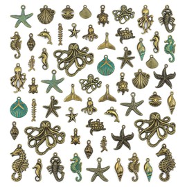 JIALEEY 100 Gram Assorted Antique Ocean Themed Charms Bronze Ocean Fish Sea Creatures Beads Pendants for Jewelry Making and Craft Making