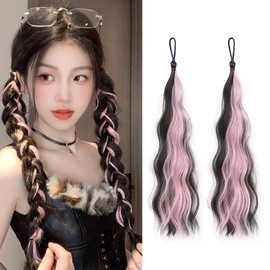 CHANGJIQ ヘアエクステ キッズ ２本 カラーエクステ エクステンション ポニーテール メッシュ 巻き髪 自然 つけ毛 ポニーテールウィッグ ロング 耐熱 取り付け簡単 アイロン可能 毛束 ダンス 子供 レディース ゴム付き 三つ編み お団子 (ピンク)