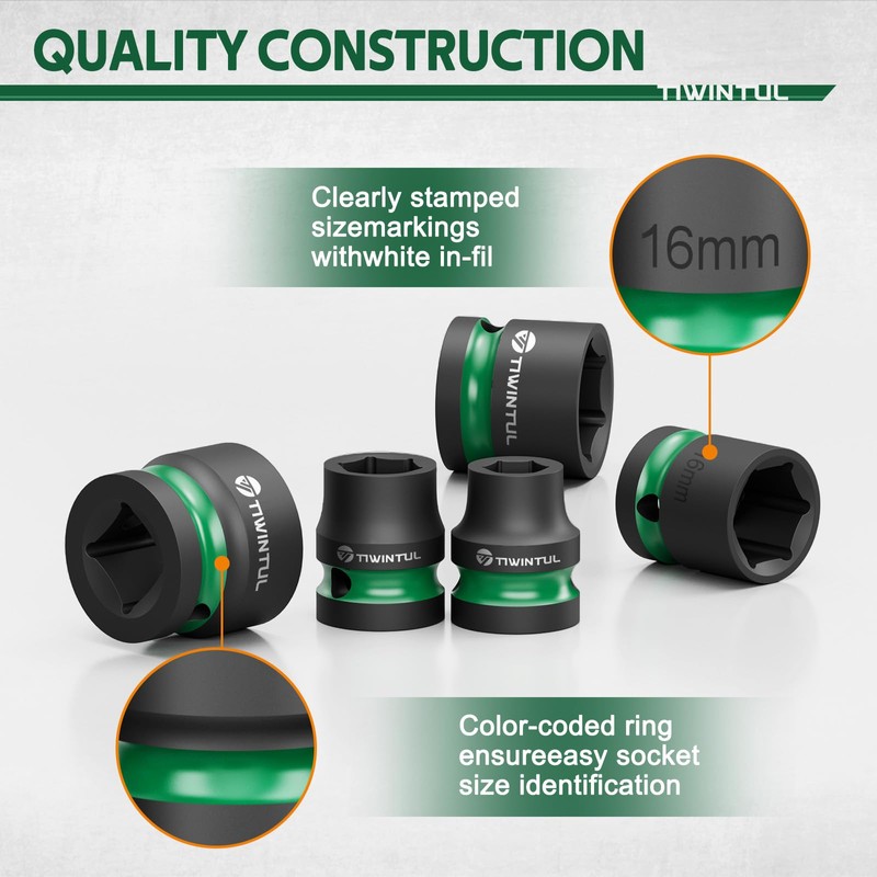 TIWINTUL 1/2" Drive Shallow Impact Socket Set, 8-24mm, Metric, CR-MO,