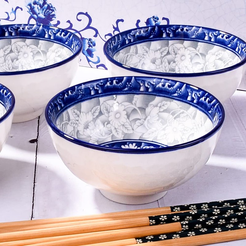 BOSILI Chinese Blue and White Ceramic Rice Bowls and Chopsticks