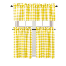Hiasan - Juego de cortinas de cocina semitransparentes de 3 piezas, color amarillo y blanco, con filtrado de luz, color amarillo y blanco, 52 pulgadas de ancho x 18 pulgadas de largo (1 panel) + 26