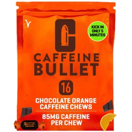 Caffeine Bullet Energy Chews - Chocolate Orange. 16 * 85mg - Faster Kick Than Pills, Gels & Gum. Sport Science for Running, Cycling, Gaming. A Pre Workout Endurance Boost.