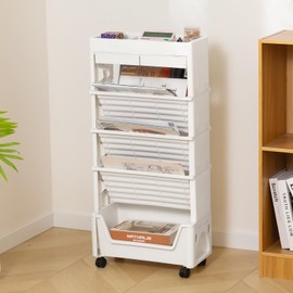 AGTEK 5 Tier Rolling Utility Cart, Book Cart with Wheels, Office Book Carts with Divided Top Shelf for Organizing Books and Supplies in Home, Office, Classroom, White