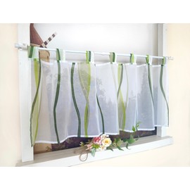 Devola Net Curtain with Wave Pattern, Short Curtain with Loops, Kitchen Curtain, Short Modern Voile Bistro Curtain, Transparent, H x W 45 x 120 cm, Green, Pack of 1