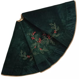 ONGLYP X.Sem Holly Leaf Embroidered Velvet Christmas Tree Skirt with Pleat Velvet Bo...