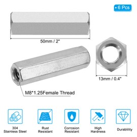 PATIKIL M8 x 1.25-Pitch 304 Stainless Steel Hex Coupling Nuts, 6Pcs 50mm/ 2" Length Coarse Fully Threaded Rod Coupling Nut Studding Connector Fasteners, Silver Tone