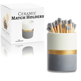 Decorative Ceramic Match Holder with Striker Pads - White & Navy with Gold Stripe - Premium Matchstick Holder with Striker - For Matches in a Jar with Striker Stickers - Bathroom Matches Box