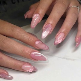 IQXGE Medium Almond Press on Nails French Tip Full Cover False Fake Nails Press ons Pink Cat Eye Stick on Nail Glitter Acrylic Fake Nail with Flower Charms Shiny Artificial 24Pcs Reusable for Women