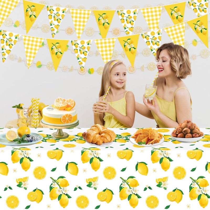 4 Pcs Lemon Party Decoration Lemonade Tablecloth Lemon Triangle Banners
