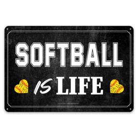Softball is Life - Retro Metal Wall Sign with Heart Softball - Black and White Sports Wall Decor for Softball Lovers - 12 x 8 in