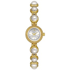 ADSBIAOYE Elegant Women Pearl Bracelet Watches Fashion Dress Quartz Watch Ladies Gift Watches (2 Gold-White), Y-FA1805