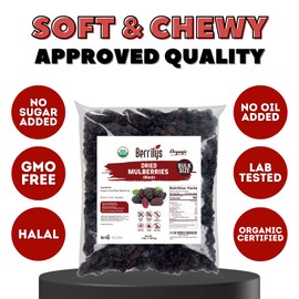Dried Mulberries, Black, Organic, Berrilys, 3 LB, Dried Mulberry, Non-GMO, Unsulfured, Raw, Healthy Snacking, Great Ingredient for Baking Purposes, Vegan, Natural