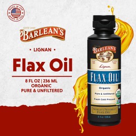Barlean's Organic Lignan Flaxseed Oil Liquid Supplement from Cold Pressed Flax Seeds, 7,230 mg ALA Omega-3 Fatty Acids for Skin and Hair Care, Vegan & Gluten Free, 8 oz
