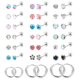 YADOCA 21Pairs Hypoallergenic Screw Back Earrings for Women Girls 20G Surgical Steel Flat Back Stud Earrings Tiny CZ Opal Moonstone Screwback Earrings Hoop Set Multicolored