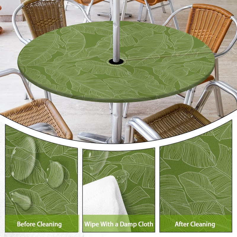 Britown Green Palm Round Outdoor Tablecloth With Umbrella Hole, Retro