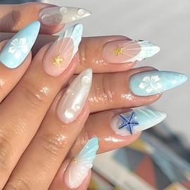 Summer Ocean Press on Nails Medium Almond Fake Nails 3D Blue Starfish False Nails with Gold Bead Charms Design Acrylic Nails White Flowers Glue on Nails Waves French Tip Stick on Nails for Women 24Pcs