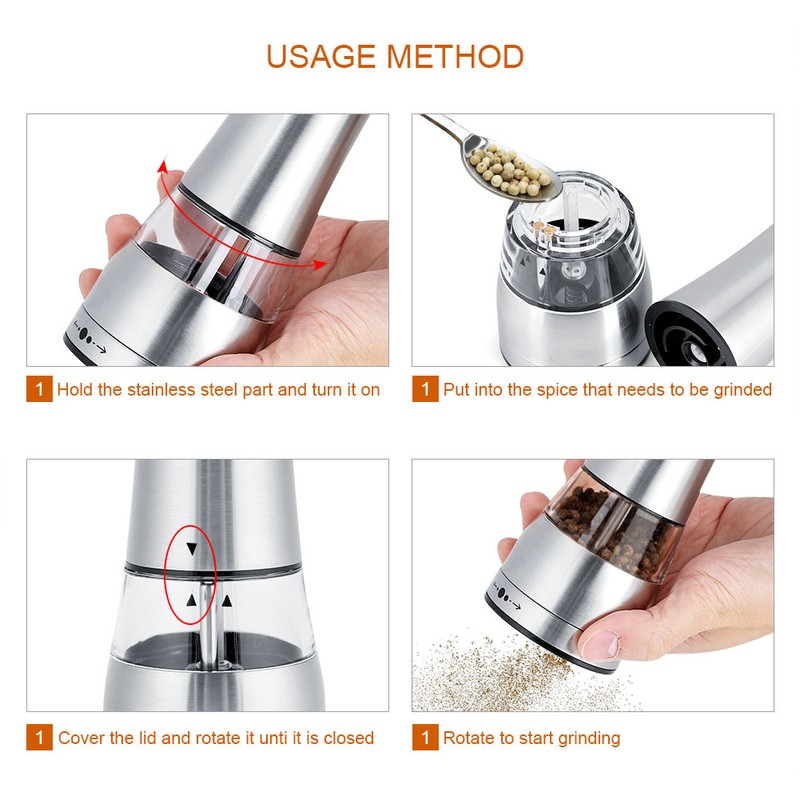 Stainless Steel Electric Salt & Pepper Mill Grinder Adjustable Coarseness
