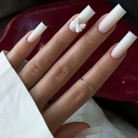 IMRAIN Press on Nails Long Square White Fake Nails with Bow Design Full Cover Artificial Acrylic Gel Glossy Glue on False Nails for Women Girls 24Pcs Squoval Solid Color Stick on Nails