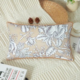 VOGOL Satin Piping Edge Lumbar Pillow Covers, White Floral Plant Print Farmhouse Decorative Throw Pillow Covers, Soft Linen Textured 12x20 Inches Cushion Covers for Sofa Décor Bedding,1 Piece