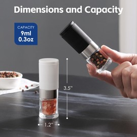 vzaahu Mini Salt and Pepper Grinder Set Black and White with Bag and Funnel, Small Travel Portable Spice Tools, Adjustable Coarseness, Refillable, Ceramic Burrs Seasoning Mills for Cooking, BBQ, RV