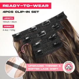 NTYNTY 14" Short Clip in Hair Extensions - 4PCS Beach Wave Dark Brown With Highlights - Natural Soft Synthetic Hairpiece for Women