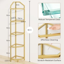 5 Tier Corner Shelf Stand, Gold Metal Frame Corner Shelf with Tempered Glass Trays, 66” Storage Rack Plant Stand for Living Room, Bathroom, Kitchen, Bedroom, Gold