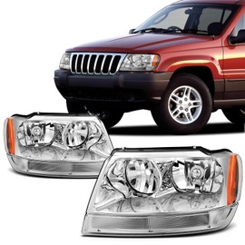 SCITOO Headlights for 1999 2000 2001 2002 2003 2004 for Jeep Grand Cherokee Pair Headlight Assembly Chrome Housing Amber Reflector 55155553AE