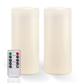 Amagic 2 Pack 10" x 4" Outdoor Plastic Electric flameless Candles with Remote Control and Timer, Battery Operated Flickering LED Pillar Fake Candle for Home, Wedding Decor, Ivory