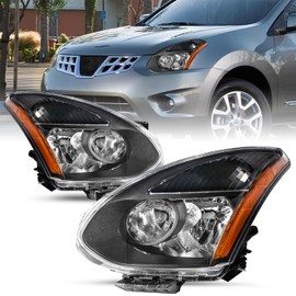 SOCKIR Halogen Model Headlight Assembly Fit for 2008-2013 Nissan Rogue / 2014-2015 Select Black Housing with Amber Reflector Headlamp Replacement Pair