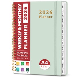 2026 Planner, Weekly and Monthly Planner, January 2026 - December 2026, Hardcover 2026 Calendar Planner Book with Tabs For Women & Men, Inner Pocket, Spiral Bound, Perfect for Office Home School Supplies - A4 (8.5" x 11"), Mint