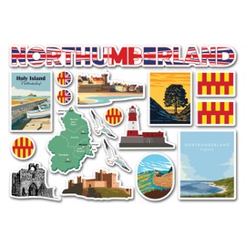 A5 Sticker Sheet Northumberland Landmarks Vinyl Stickers - County Stamps Skyline Flag Map Travel Holiday City UK GB England Aesthetic #82796